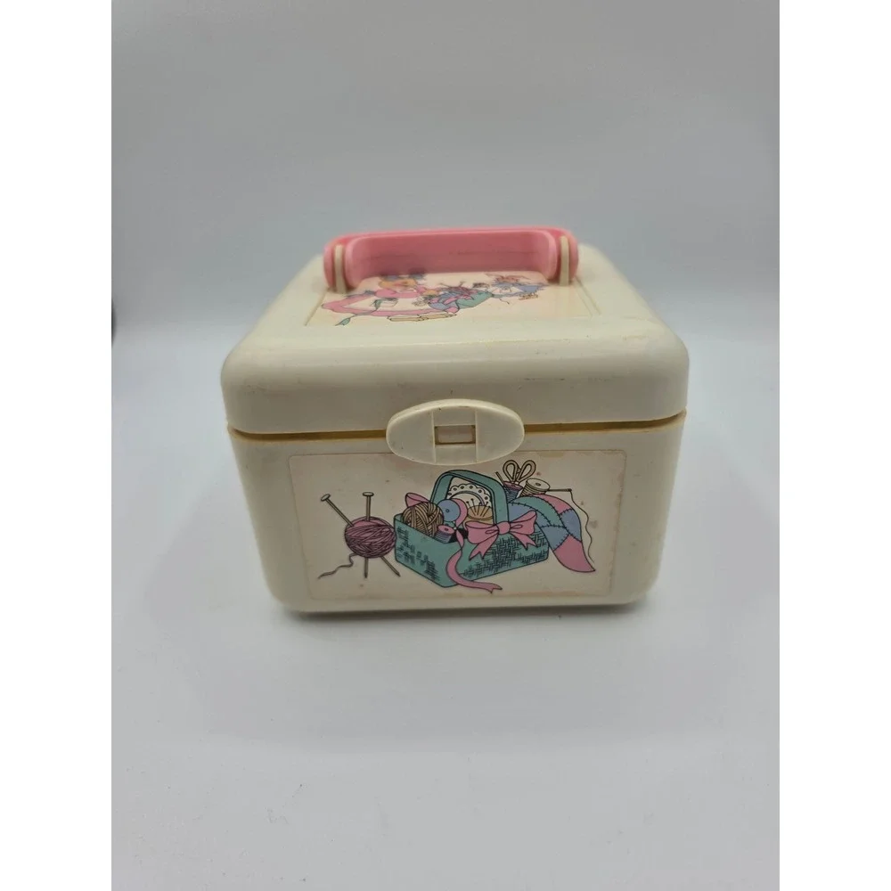 Vintage Sew-N-Play Bunny Rabbit Plastic Carry Case Pink Handle Craft Storage Box